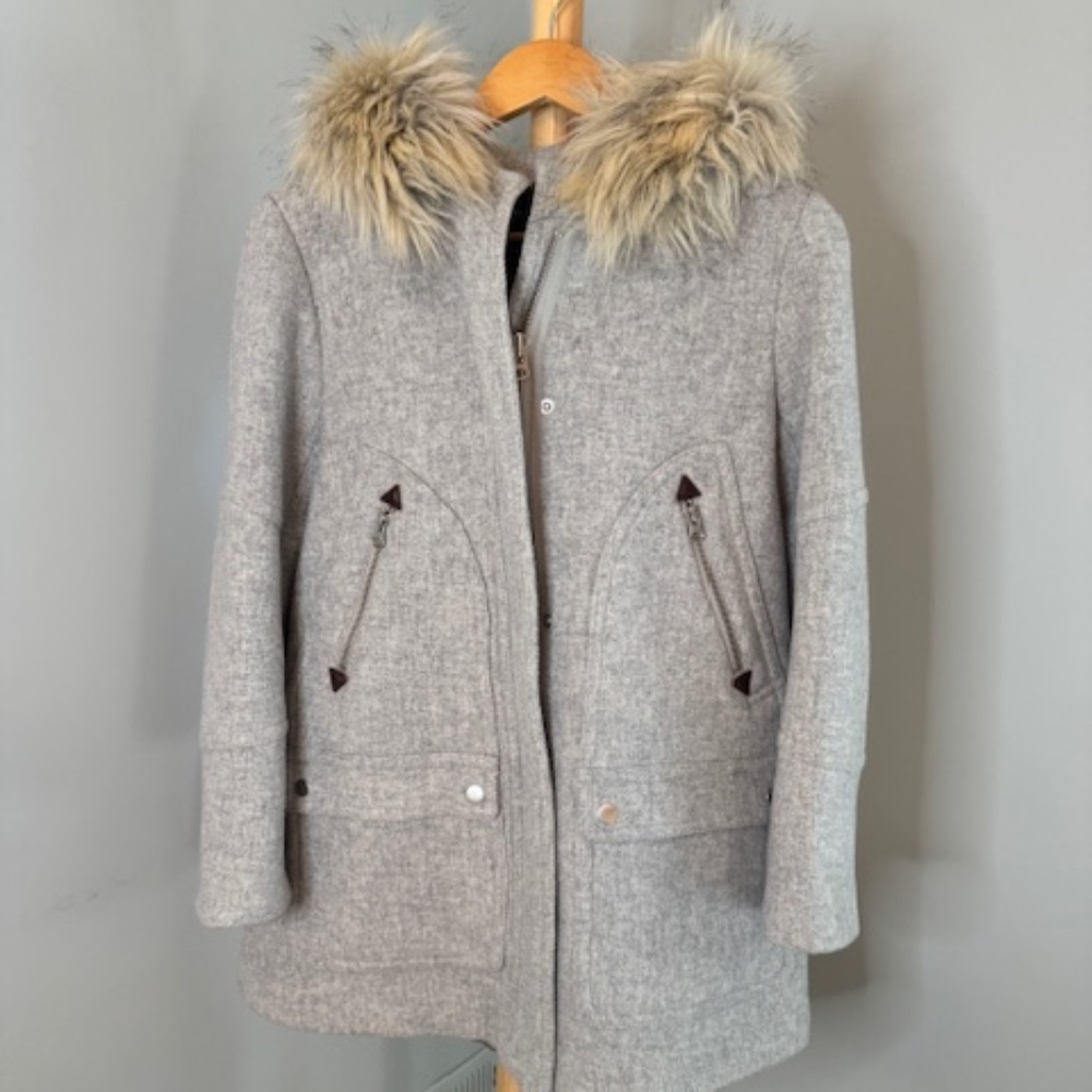 J Crew Italian Stadium Cloth coat with detachable fur hood, Size 10P